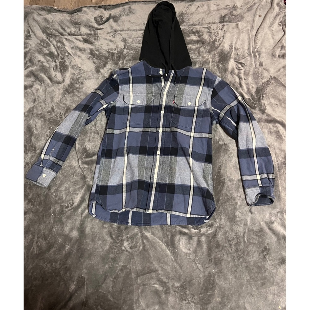 Levis Mens Relaxed Fit Hooded Flannel Shirt Blue Black Plaid Size Small